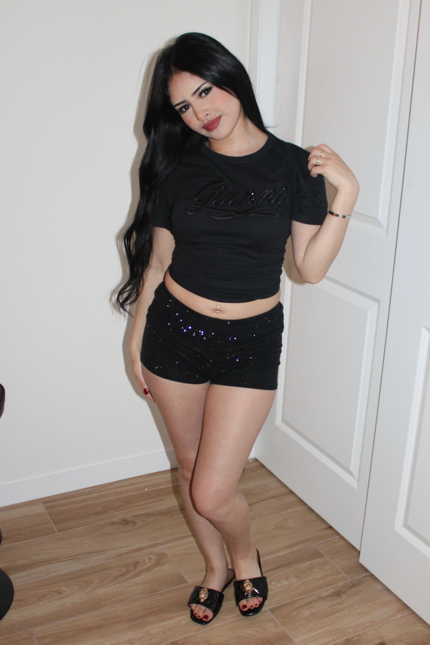 Womens Black gianni rhinestone tee